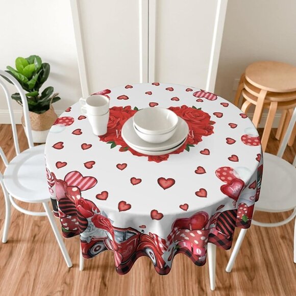 NEW Happy Valentines Day Tablecloth Round 60 Inch Pink Red Love Heart Roses - Picture 1 of 6